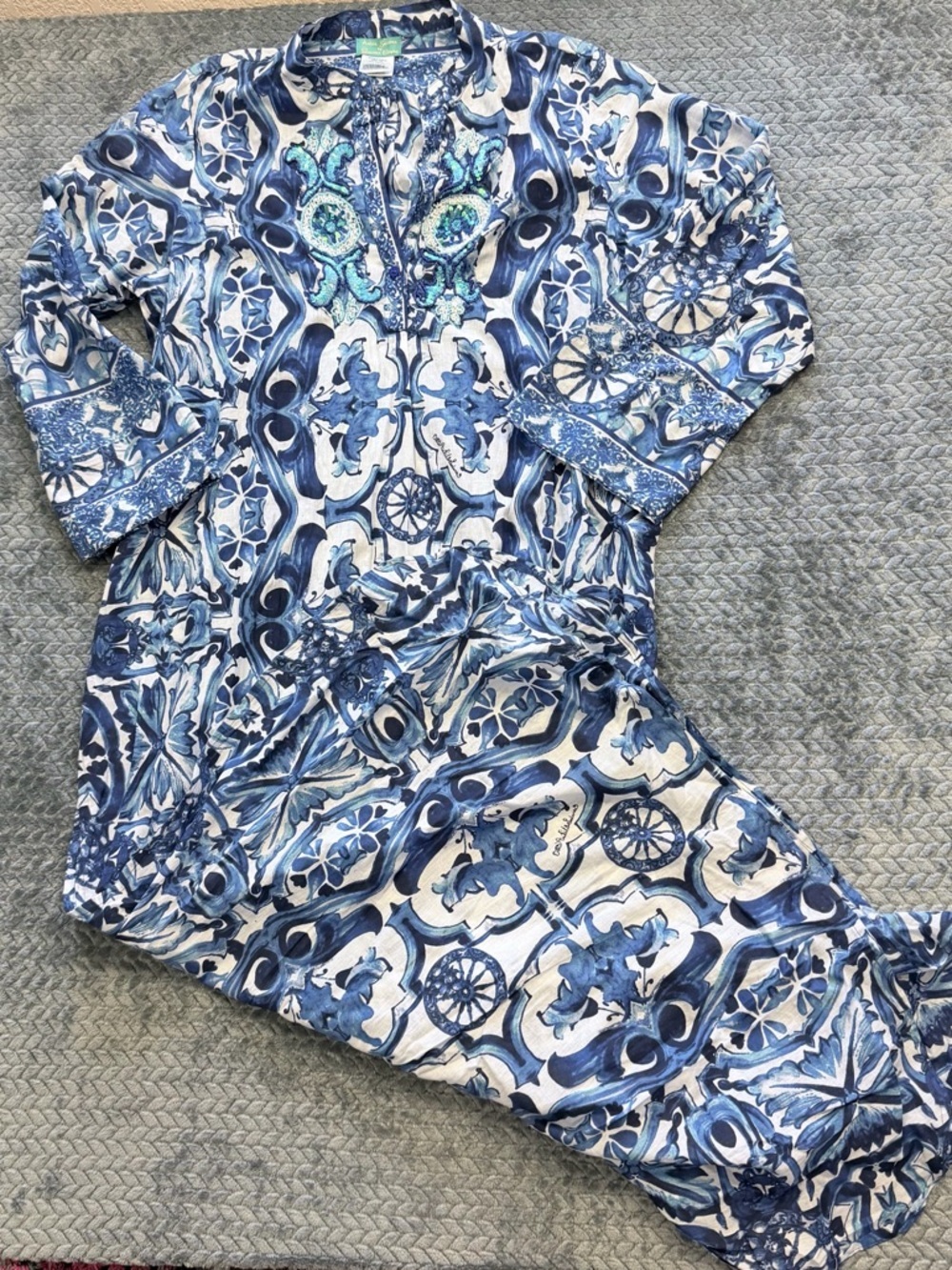 Antica Sartoria Giacomo Cinque Blue Tile Print Maxi Dress Size L/XL